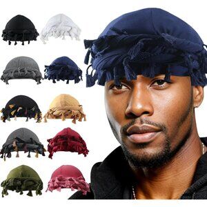 ⚡Men Women Navy Blue Satin Head Wraps Skull Cap Tassels Braid Beanie Turban
